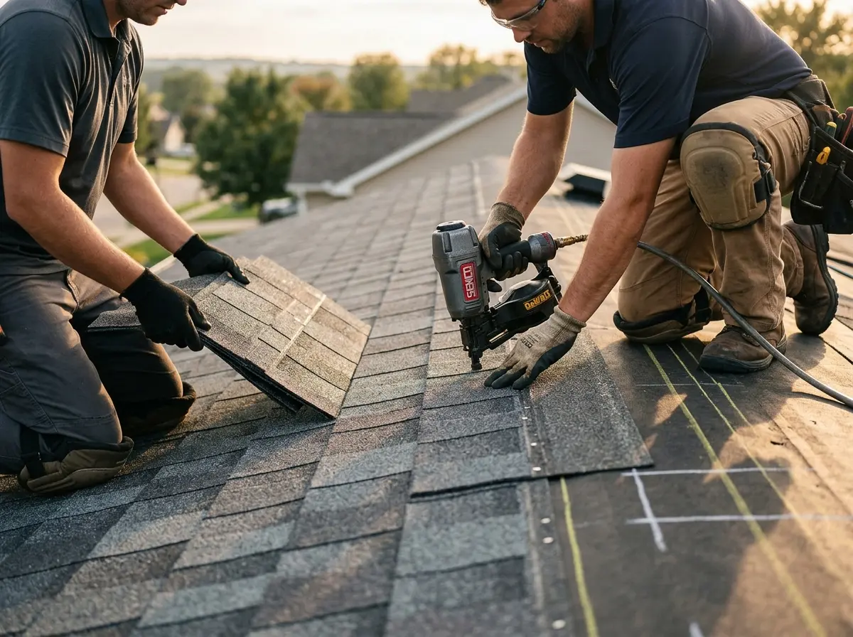 Professional roofer working on a residential roof in Sunnyside